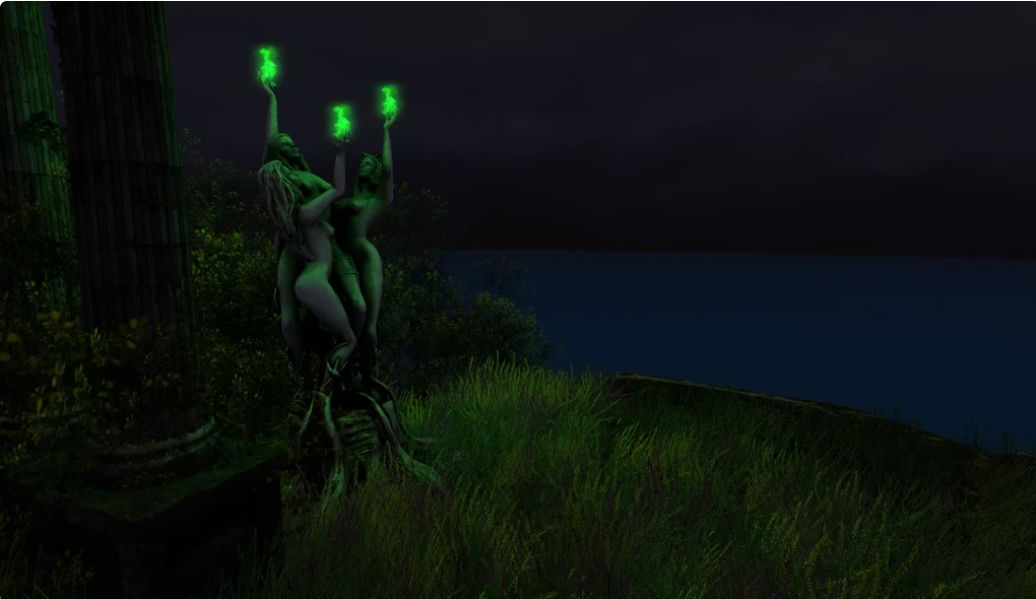 Three figures holding glowing green lights near the Abbey at night
