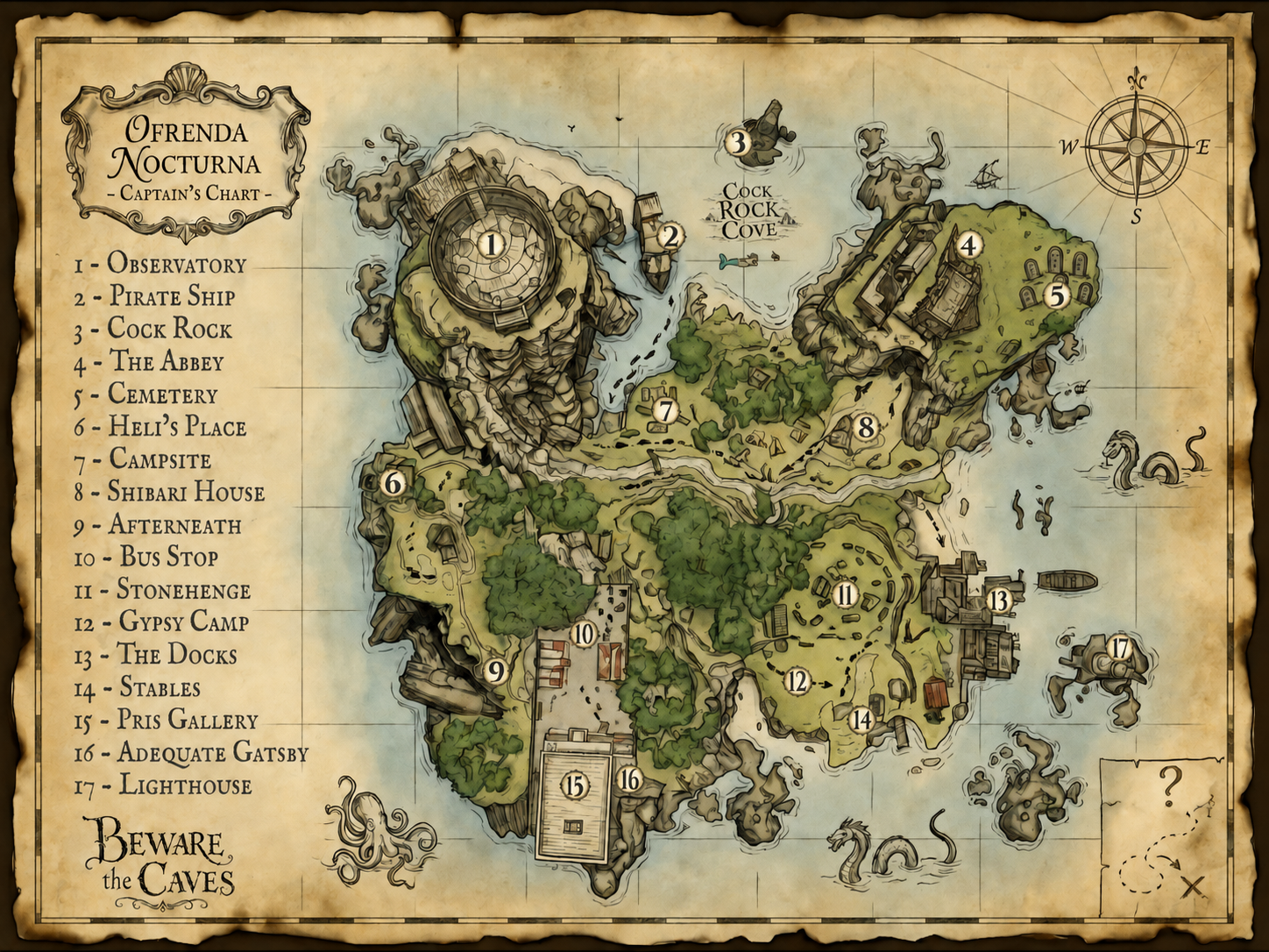 Updated Captain's Chart map of Ofrenda Nocturna showing the Cemetery at location five