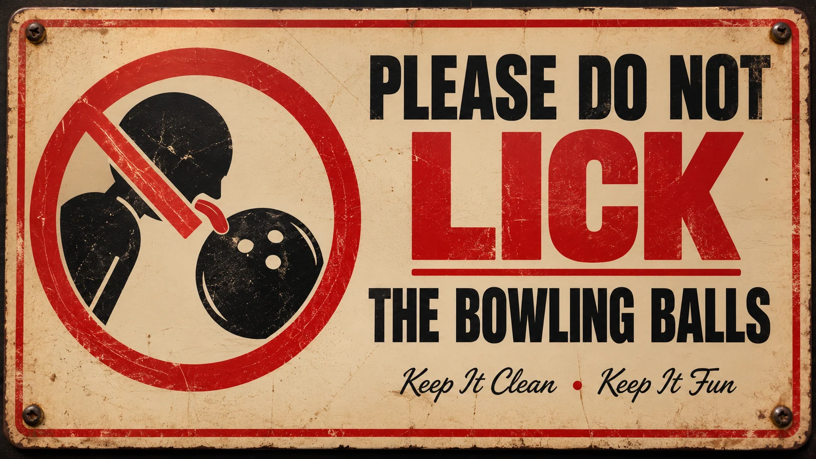 Vintage sign asking visitors not to lick the bowling balls