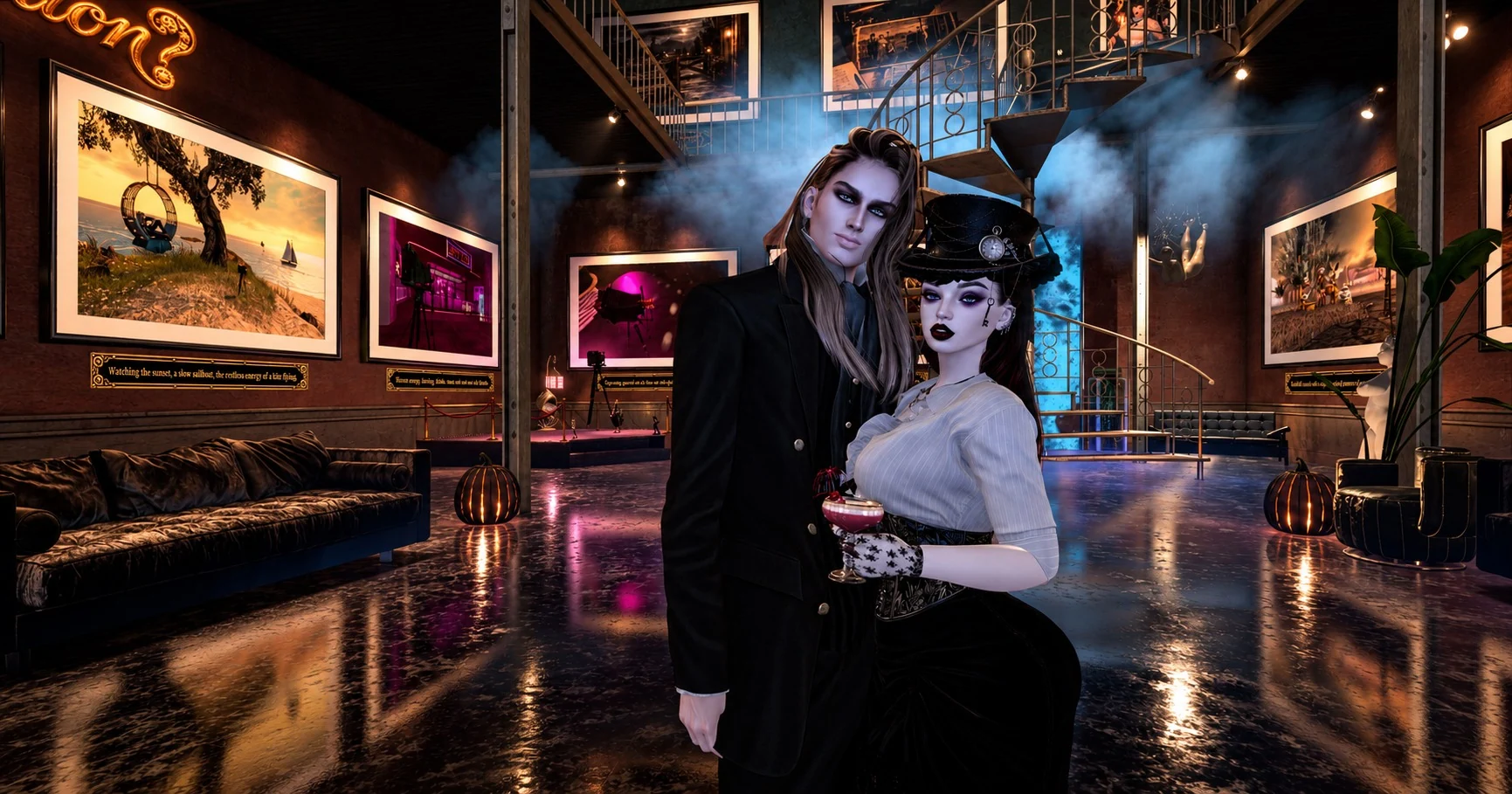 Two avatars at the Ofrenda gallery opening with photographic artwork behind them