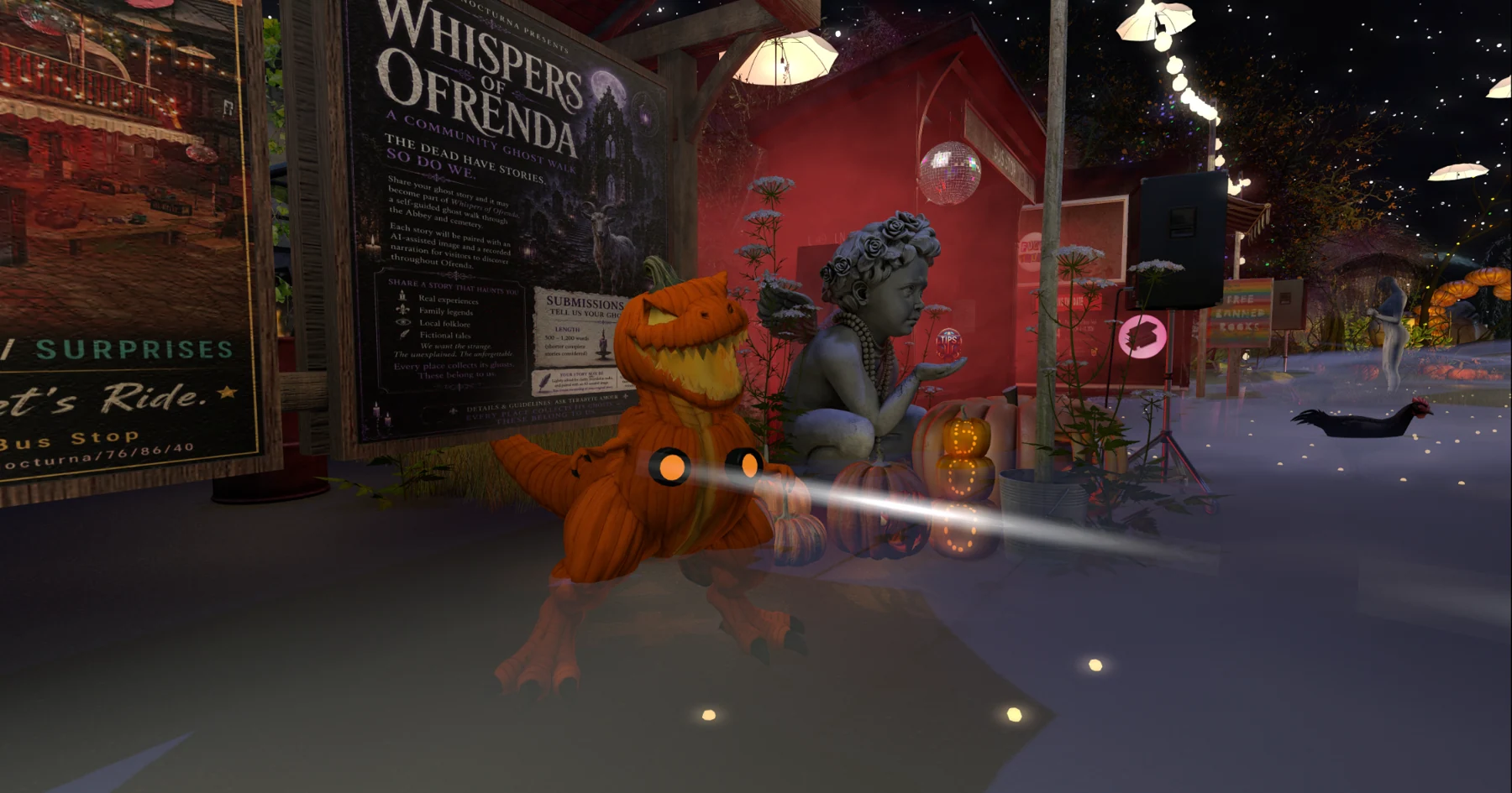 Pumpkin dinosaur with glowing laser eyes near the Whispers notice board