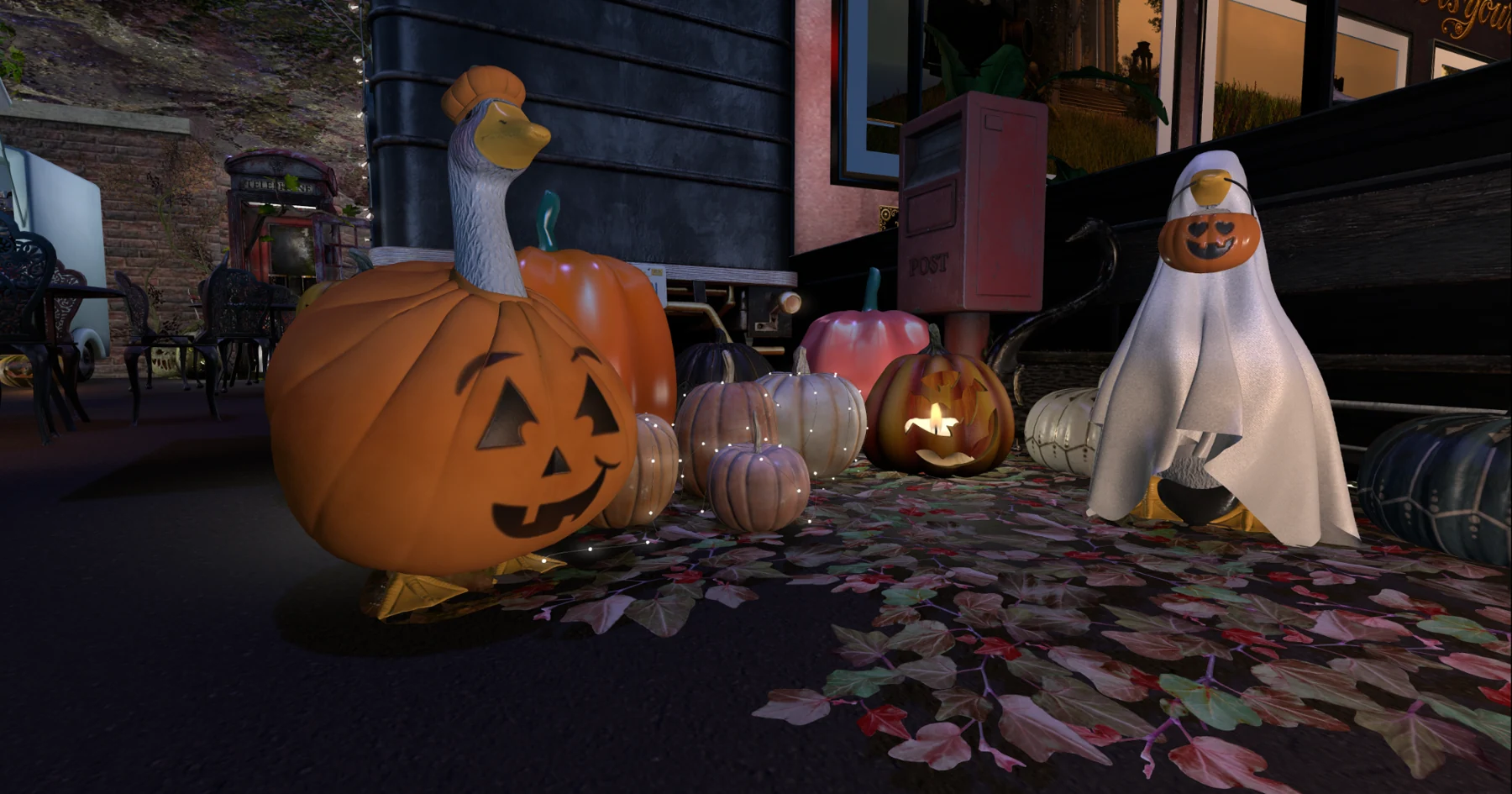 Two whimsical birds dressed as a pumpkin and ghost among autumn leaves