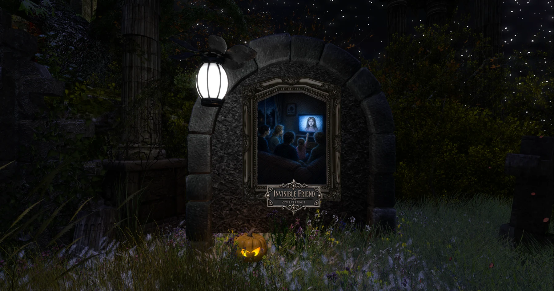 Invisible Friend story artwork installed in a stone cemetery arch