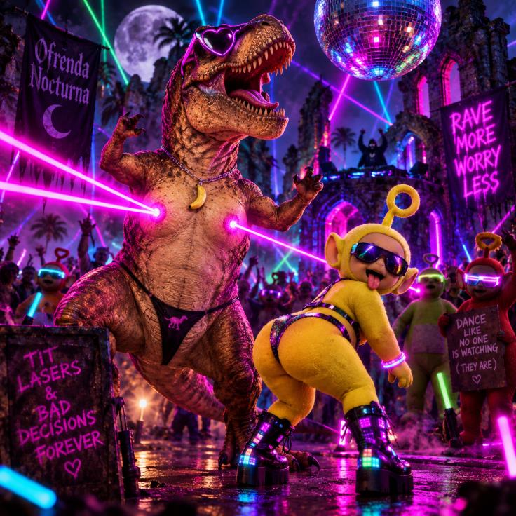 A dancing dinosaur and colorful television creature at the Pop-Up Makina rave