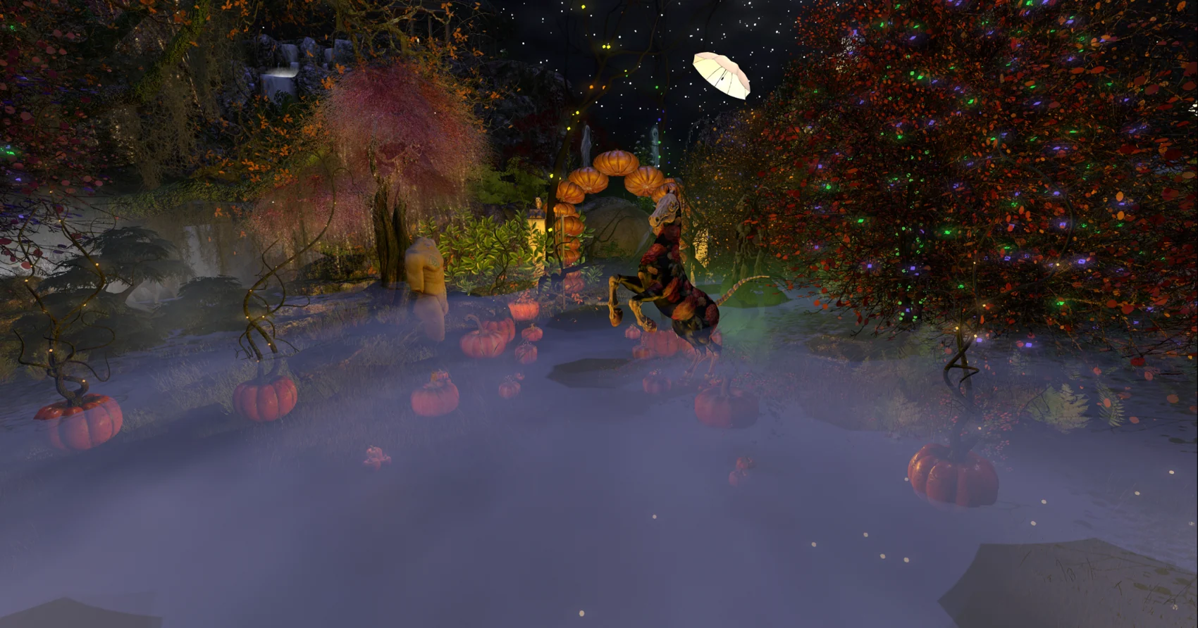 An enchanted autumn garden with pumpkins, mist, glowing trees, and floating umbrellas